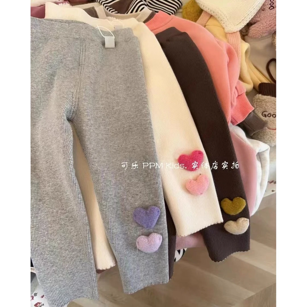 女童打底裤2023秋冬新款儿童高腰弹力纯色爱心针织一体绒保暖长裤