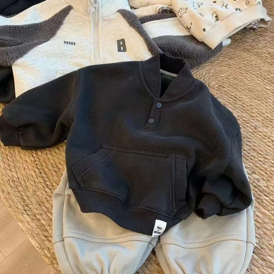 男女童立领卫衣加绒加厚2025冬季新款儿童韩版帅气休闲保暖上衣