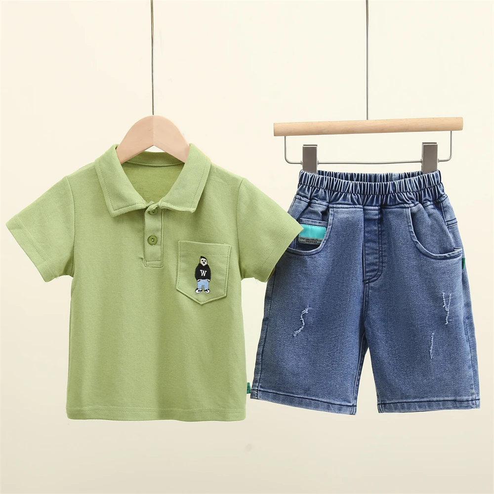 男童套装果绿色POLO衫五分牛仔裤两件套2023新款韩版洋气百搭套装