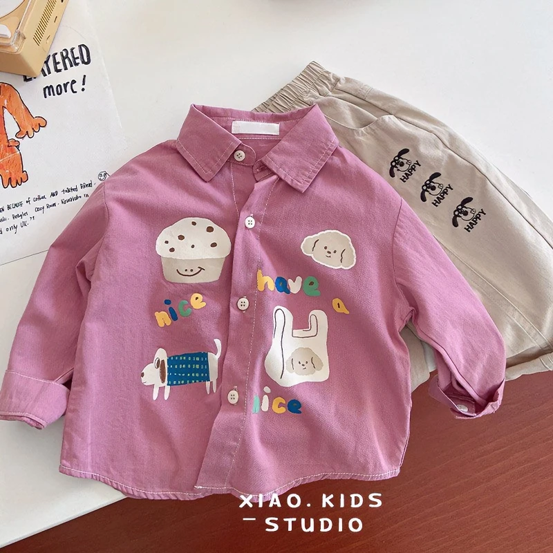 儿童衬衫外套2024春季新款男女童日系风可爱涂鸦卡通休闲百搭衬衣