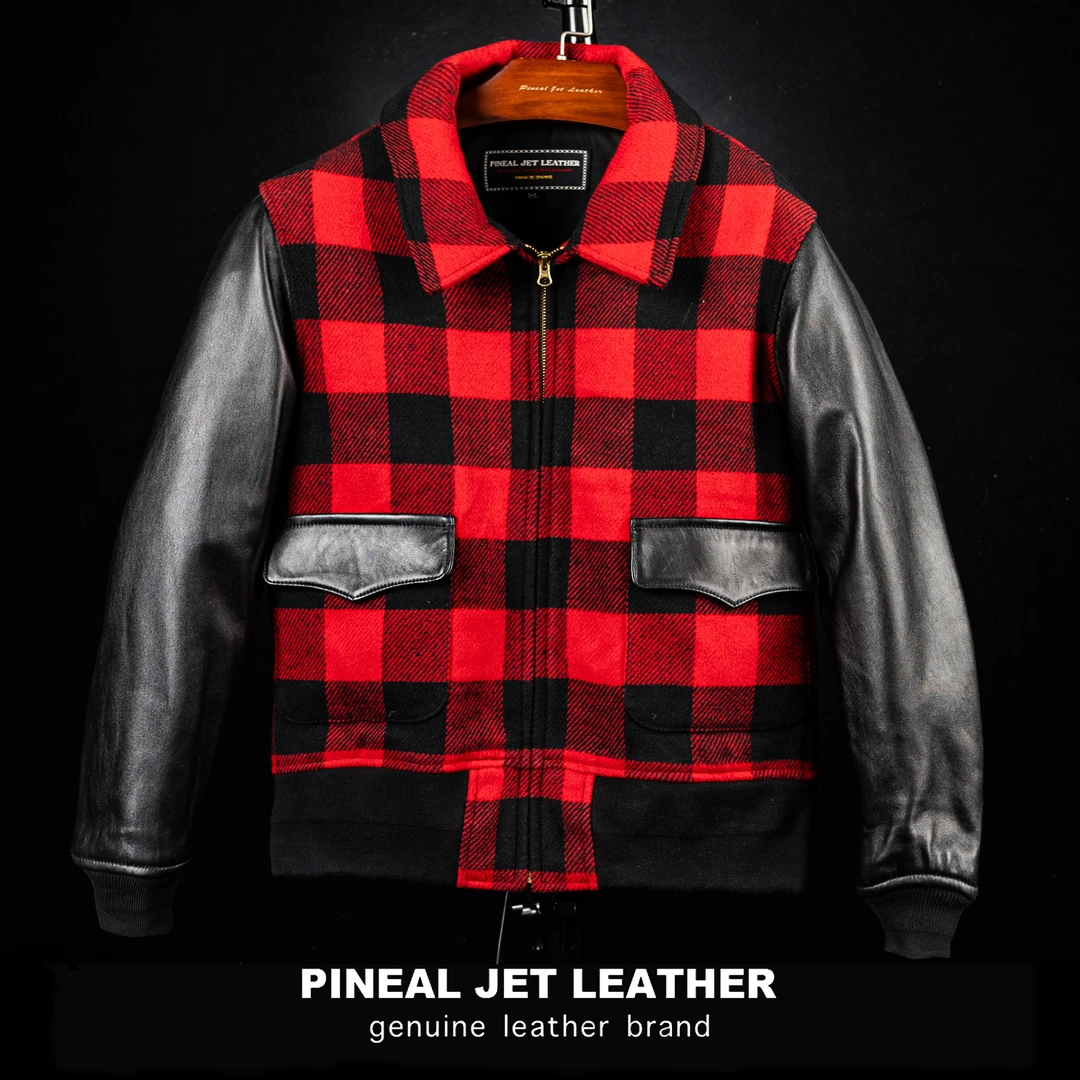 PJL男士经典A2皮袖拼接毛呢款复古红格子夹克休闲皮衣K
