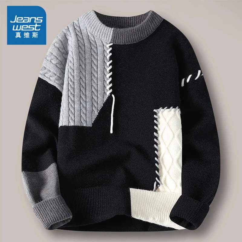 真维斯秋冬季撞色潮流毛衣新款男士圆领休闲加厚保暖宽松针织上衣