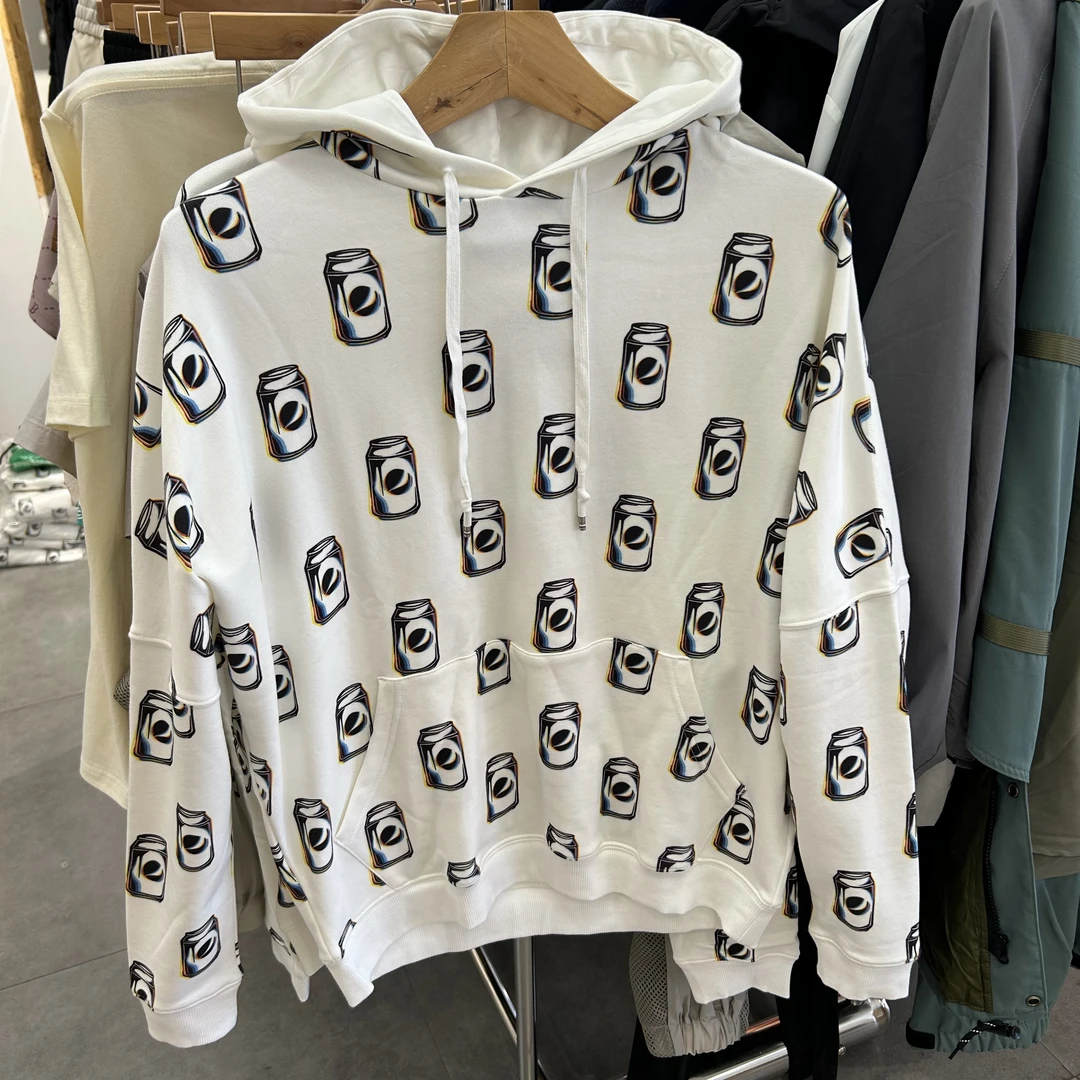 新款潮牌情侣百搭易拉罐满印白色连帽卫衣