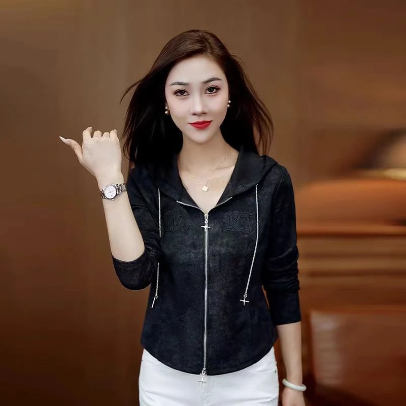 3503款秋季连帽长袖t恤女2024新款拉链开衫时尚洋气修身上衣