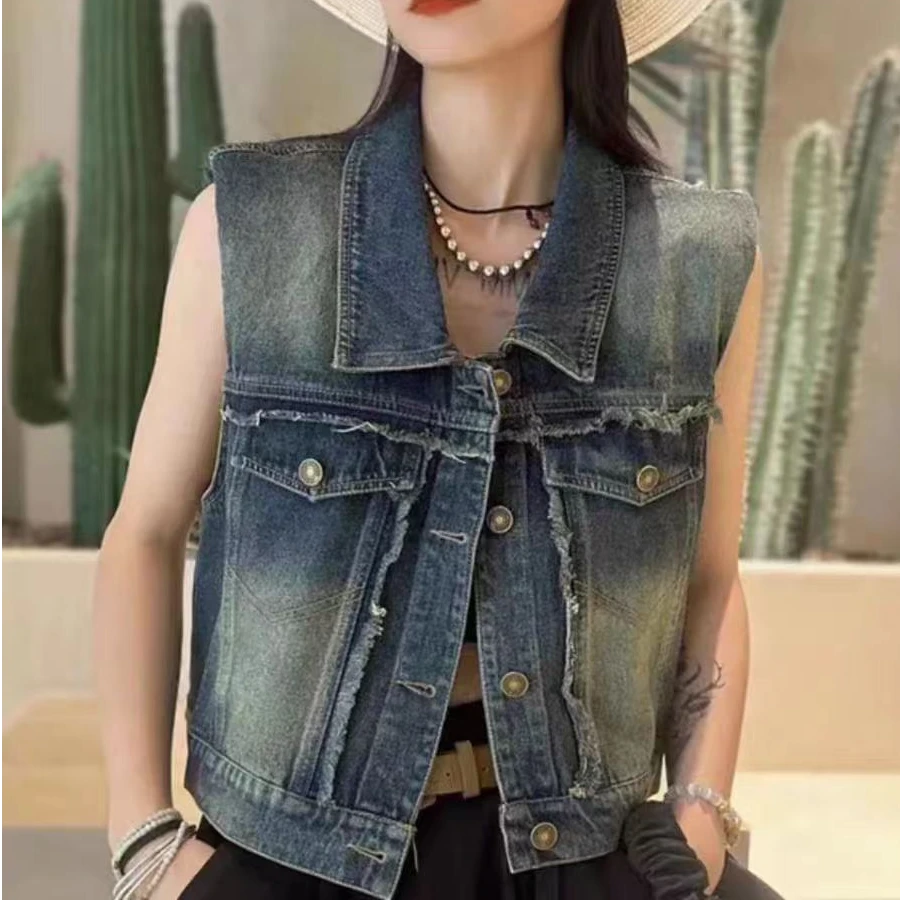 2460款复古做旧牛仔马甲短外套小众坎肩无袖马甲