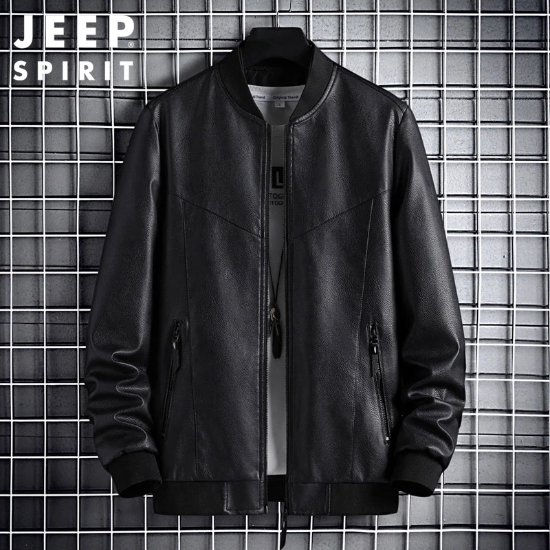 Jeep吉普黑色皮衣男士秋冬季休闲帅气机车皮夹克韩版棒球领外套男