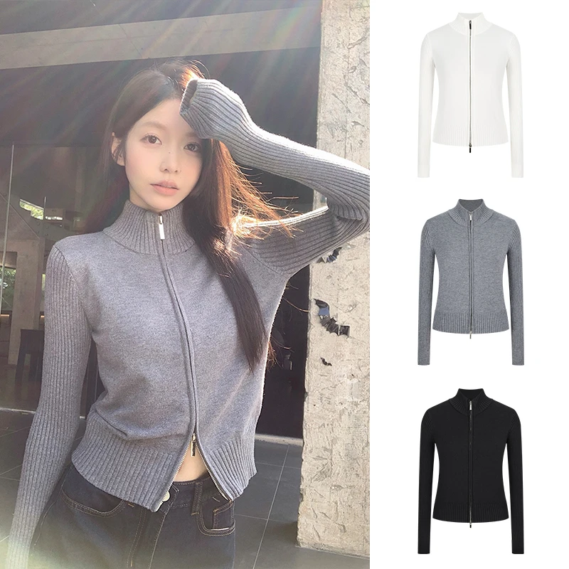 双拉链立领针织开衫宽松短款气质上衣