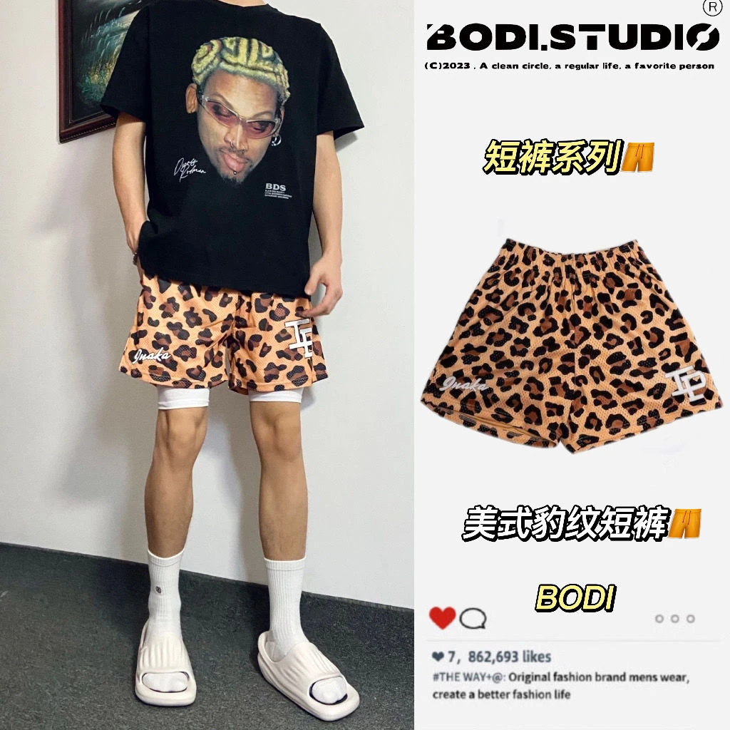 豹纹运动短裤男美式不过膝复古篮球裤男夏季透气速干训练四分裤