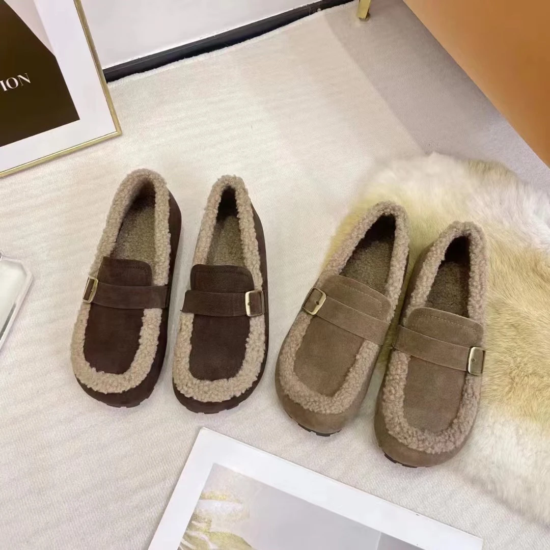 88-5冬季时尚新款加绒保暖软底毛毛鞋女平底复古女士豆豆鞋