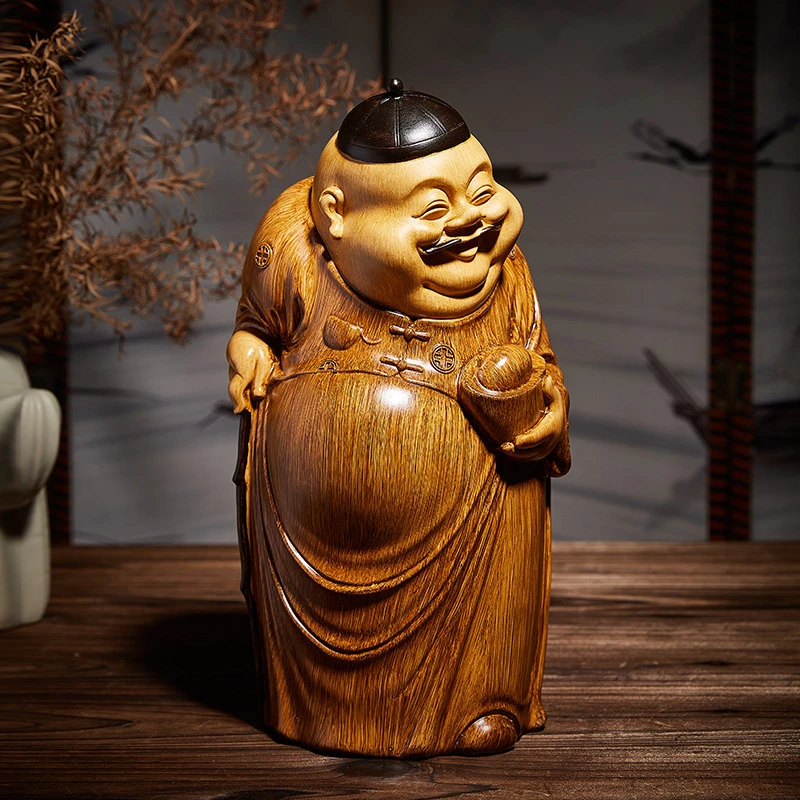 高端中式地主摆件客厅财神爷雕塑仿木雕茶几博古架装饰品桌面摆设