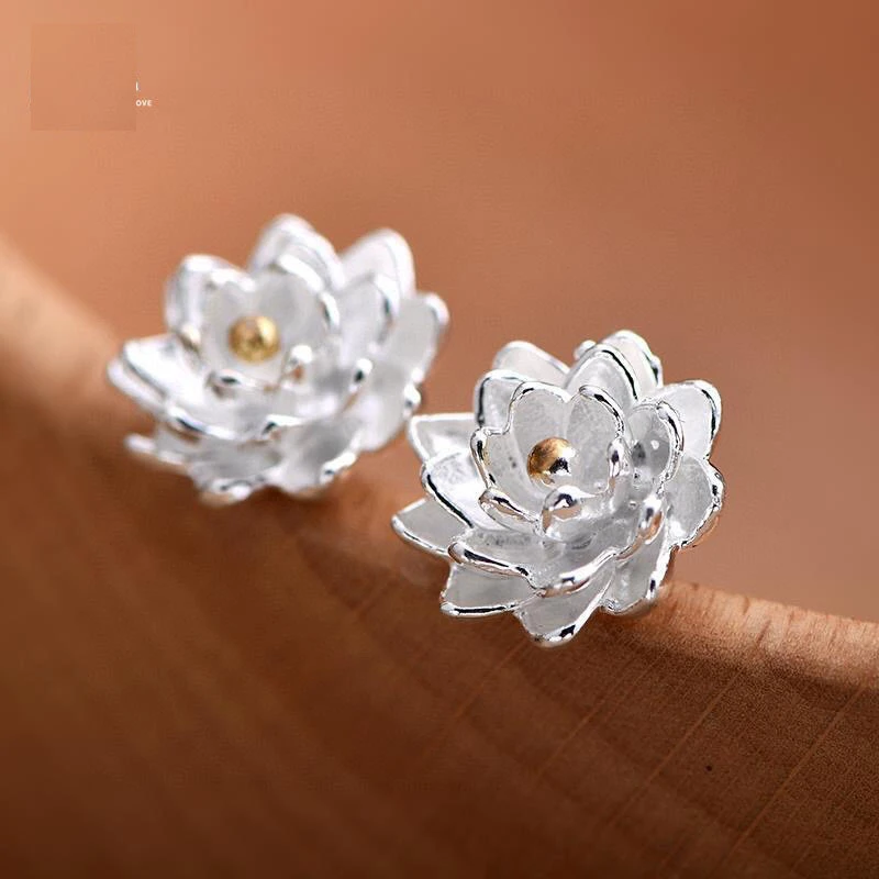 足银耳饰 足银990 镀金荷花简约耳钉 时尚潮流