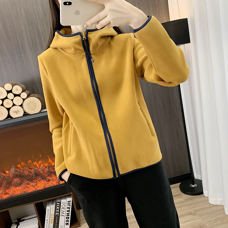 户外运动抓绒衣外套女士春秋冬保暖上衣加厚连帽防风弹力手抓绒衣