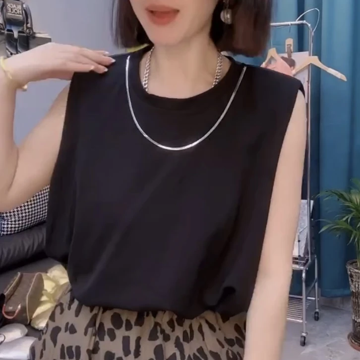 百搭无袖圆领T恤女2024夏装新款韩版显瘦宽松休闲链条背心上衣t恤