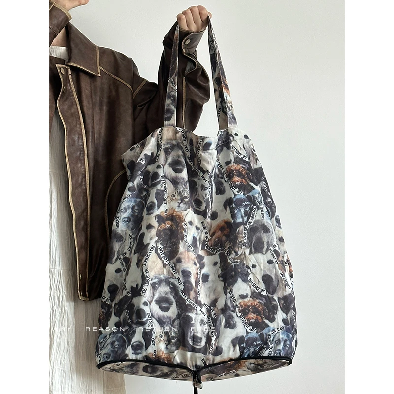 小狗印花高级感可折叠大容量包包女2024新款单肩包通勤水桶托特包