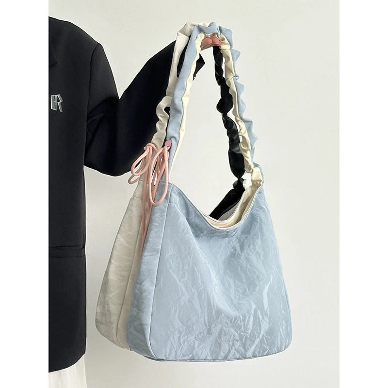 小众设计褶皱托特包2024新款大容量日常通勤百搭撞色单肩斜挎包