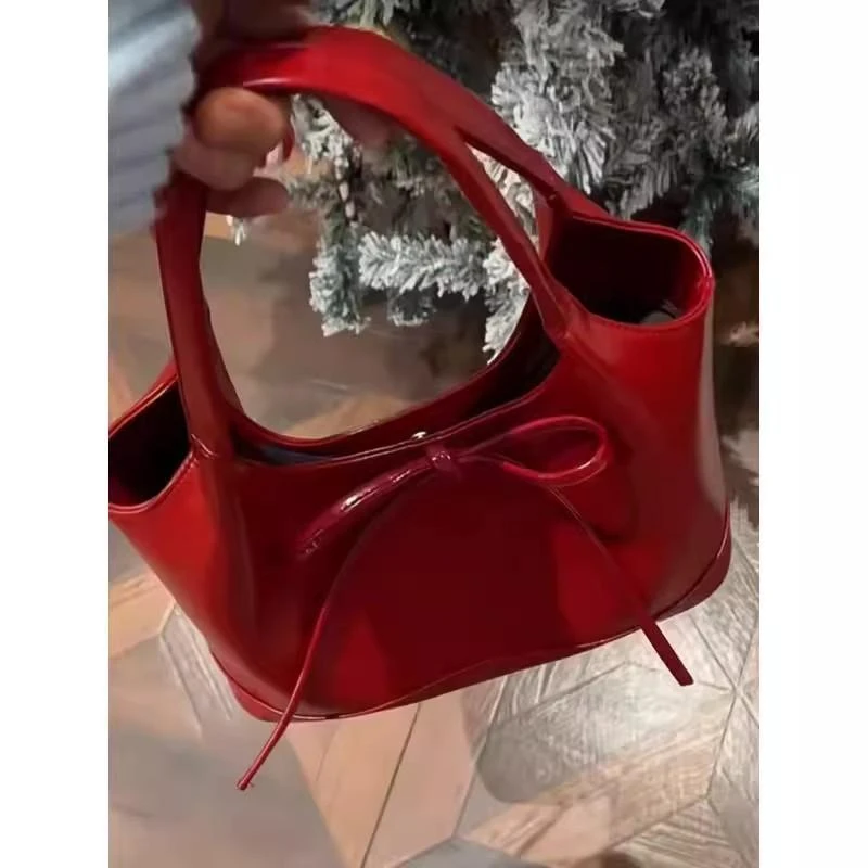 复古红色蝴蝶结托特包女秋冬大容量单肩腋下包通勤百搭手提结婚包