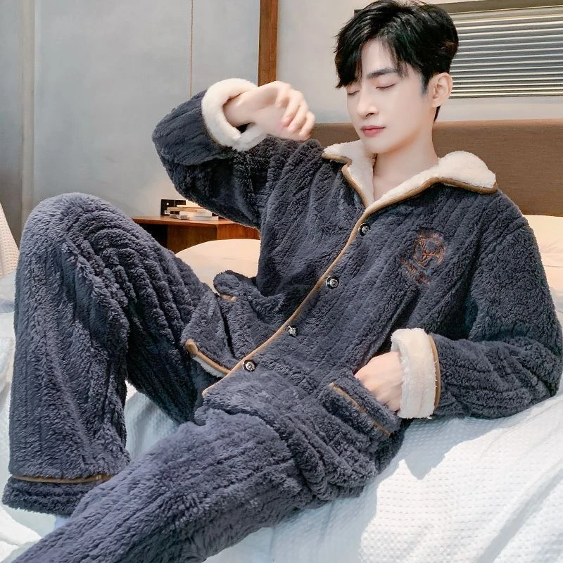 男睡衣冬款冬季珊瑚绒加绒加厚保暖法兰绒家居服休闲舒适翻领套装