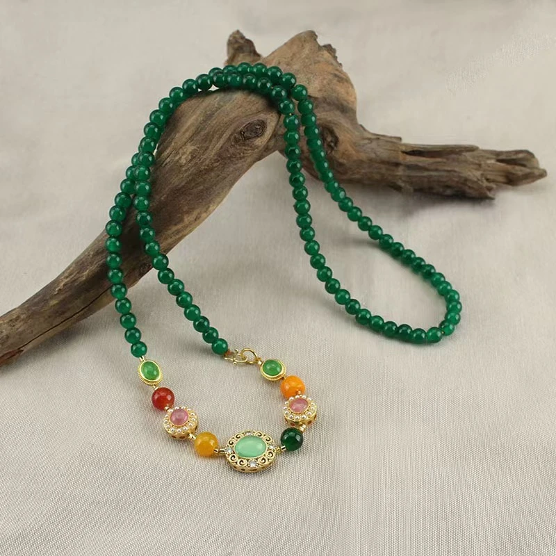 铜合金石英石项链 新款新中式国风设计绿色气质复古-701
