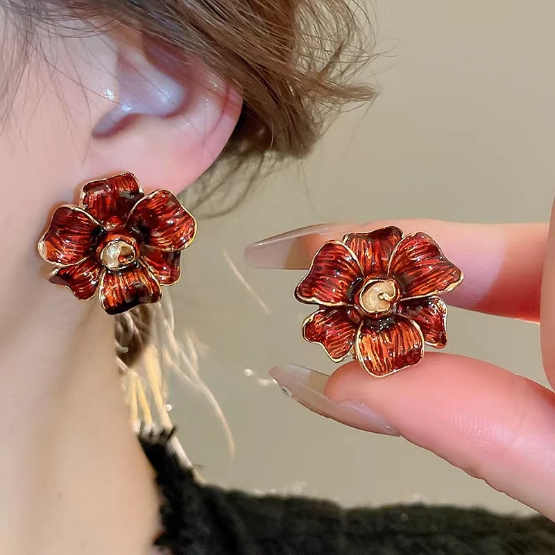 铜合金珐琅耳饰 【何止喜欢】法式小众重工复古酒红色优雅奢华-850