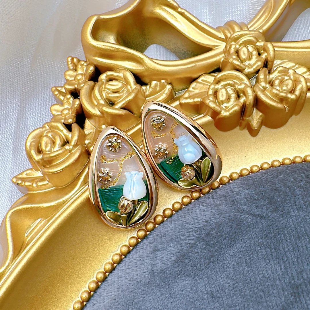 铜合金耳饰 【水滴油画】法式复古油画宫廷风优雅中古气质-677