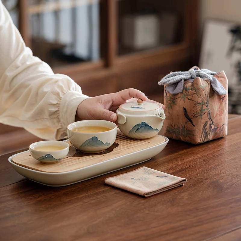 新中式手绘山岚快客杯一壶两杯陶瓷便携式旅行功夫茶具套装茶壶杯