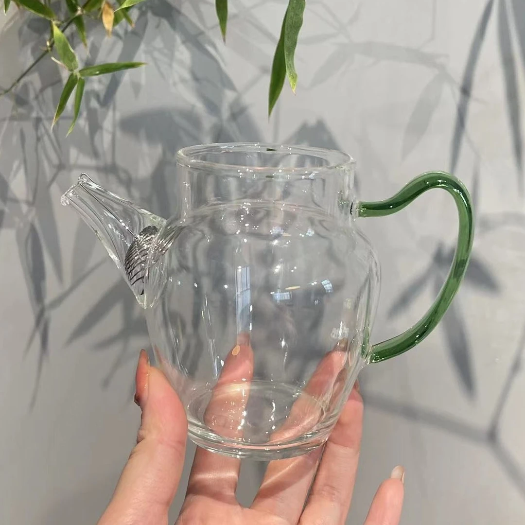 简约风耐热高硼硅绿色把手手持壶耐热茶壶