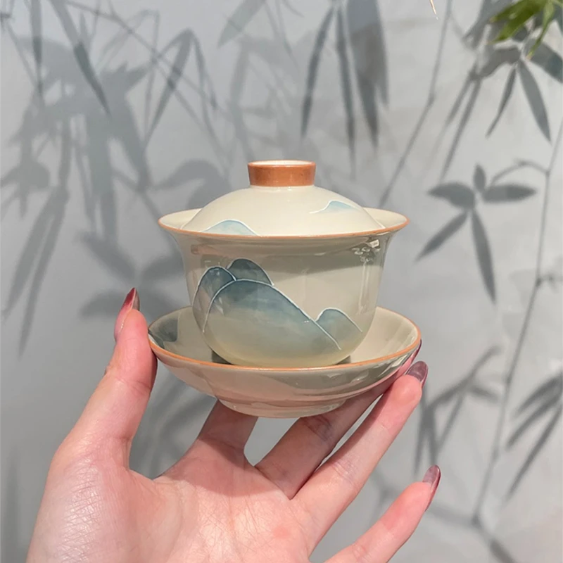 惊蛰 草木灰手绘远山三才盖碗功夫泡茶碗陶瓷不烫手茶具釉下彩