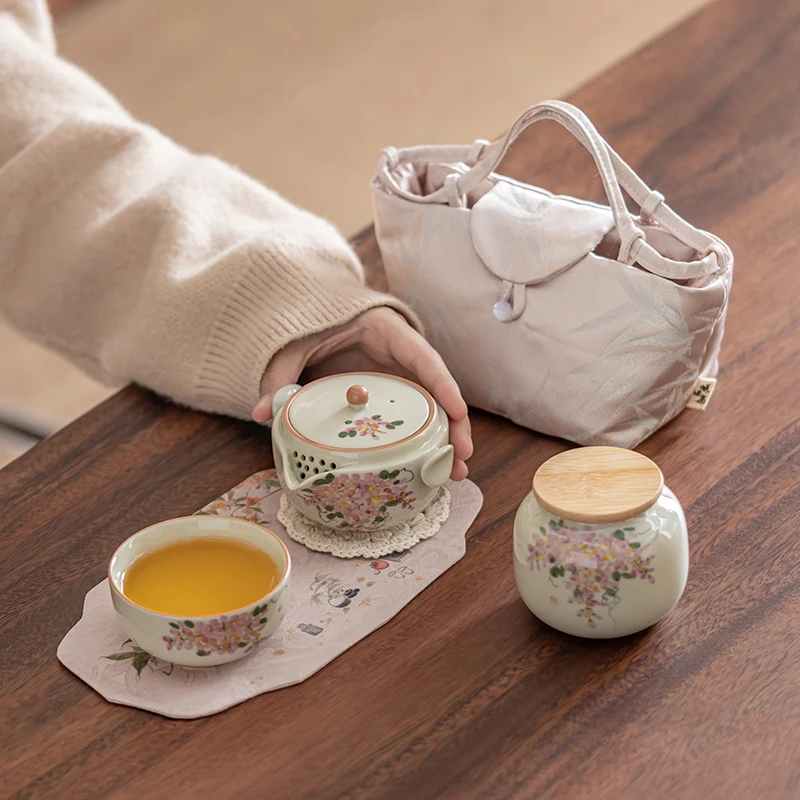 冰台手绘紫藤快客杯一壶一杯旅行茶具套装户外泡茶壶便携收纳包