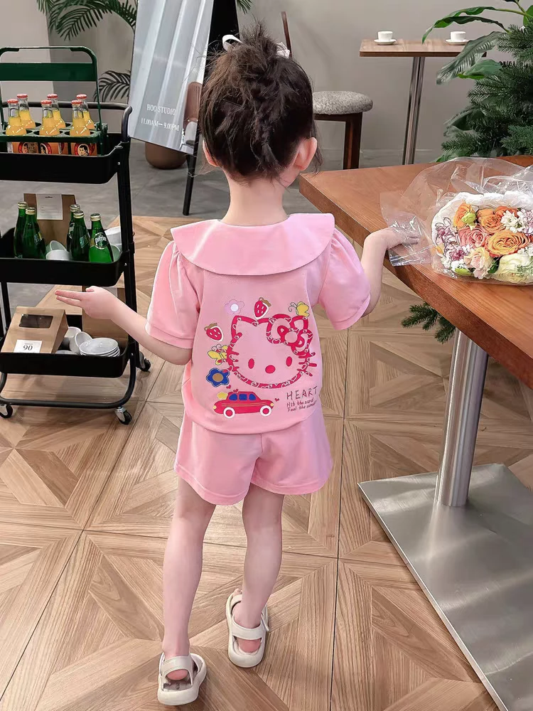 女小童卡通套装夏装新款时髦宝宝娃娃领短袖夏装小女孩洋气两件套