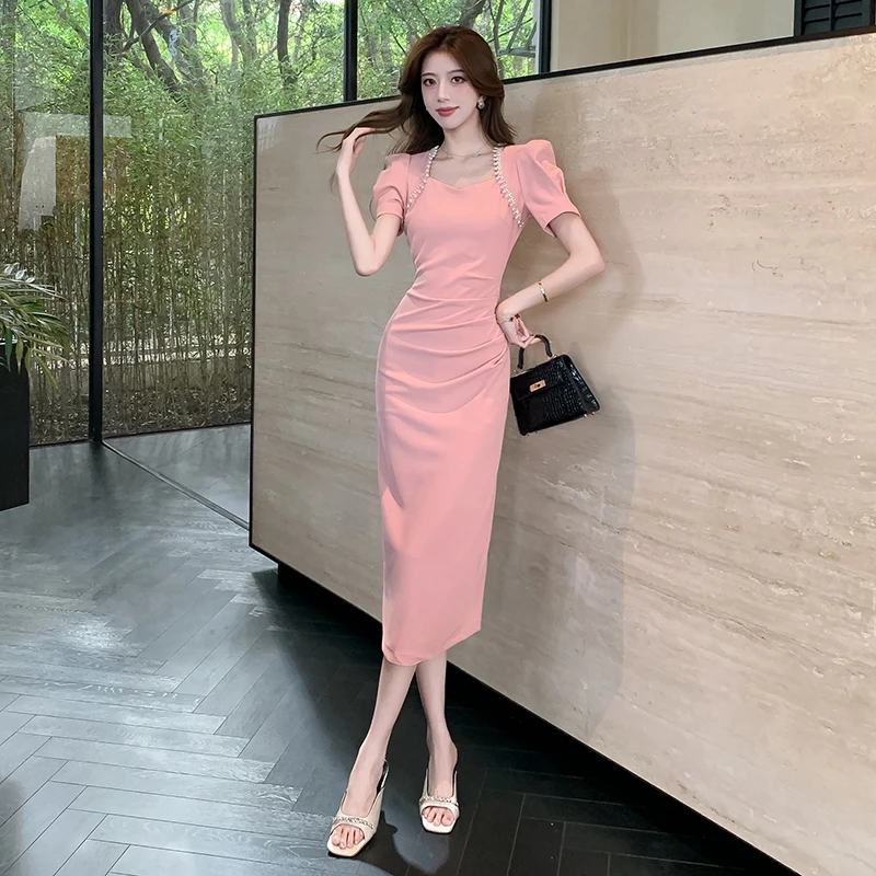 2024夏季新款法式方领重工艺设计名媛气质修身显瘦包臀开叉连衣裙
