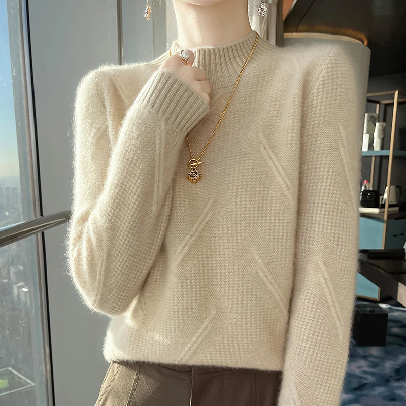 美爆了~100%羊毛衫女半高领提花长袖针织毛衣加厚宽松打底上衣