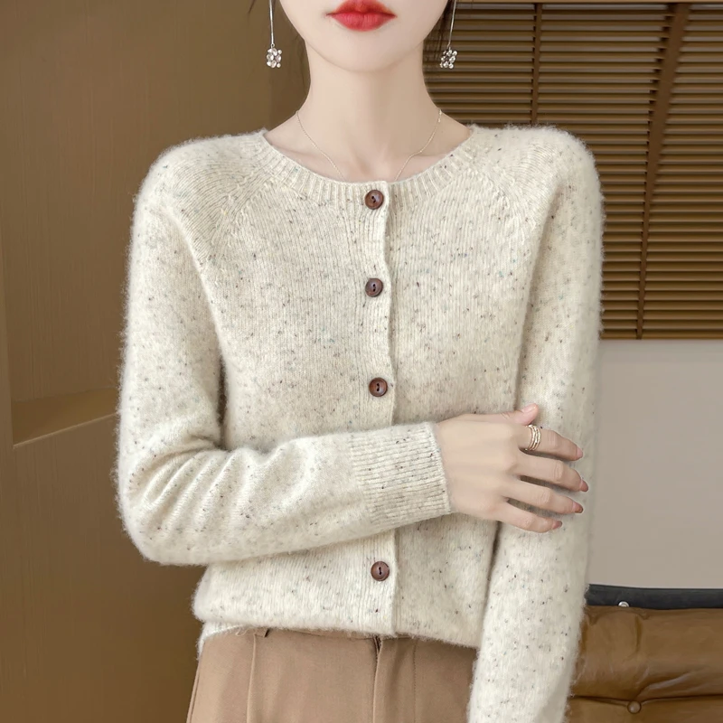 点点斑斓开衫~洋气100纯羊毛点子纱百搭圆领毛衣短款针织开衫女