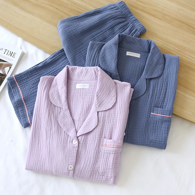 四季常规款 绉纹纱布女款长袖睡衣家居服套装