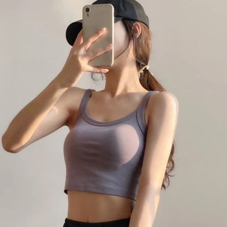 带胸垫纯棉圆领短款背心女夏外穿无袖露脐美背吊带防走光打底上衣