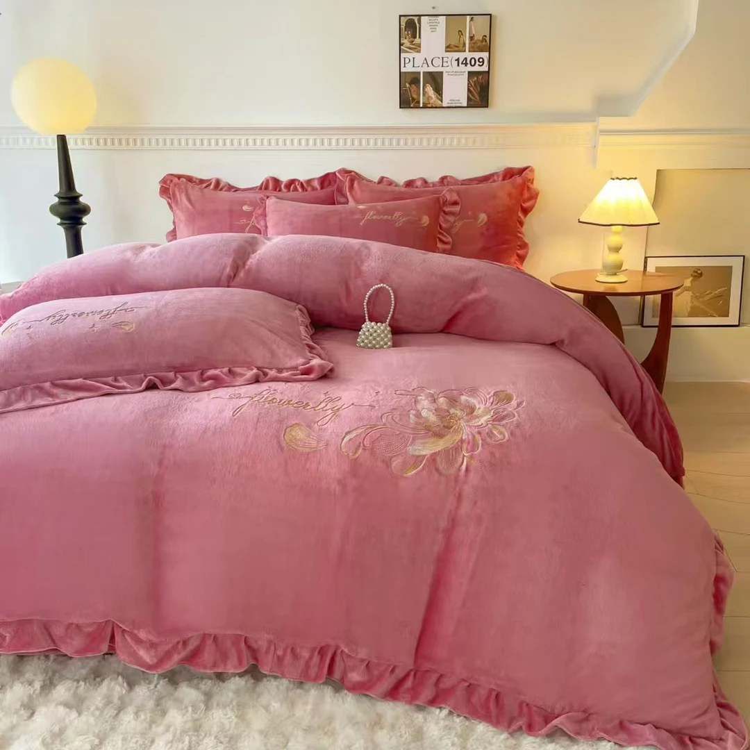 【罗拉花园】韩版刺绣花牛奶绒加绒四件套加厚绒被套毛绒床单枕套