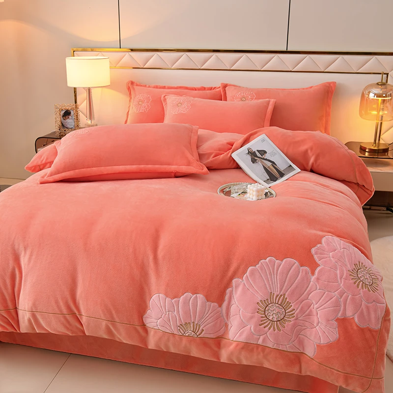 【绽放】A加厚贴布绣花四件套婴肤绒牛奶绒被套柔软被罩床单枕套