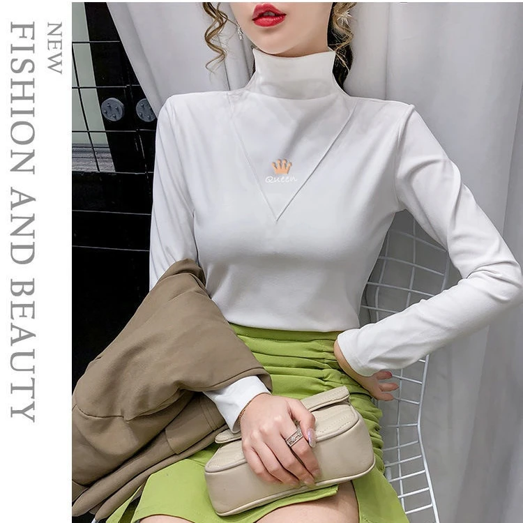 重工刺绣紧身皇冠打底衫德绒双面磨毛自发热显瘦长袖半高领秋冬