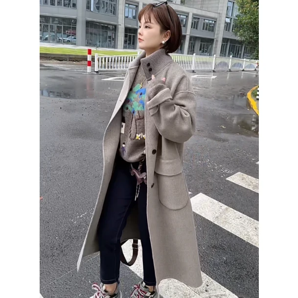 冬款高品针织领双面单排扣呢大衣