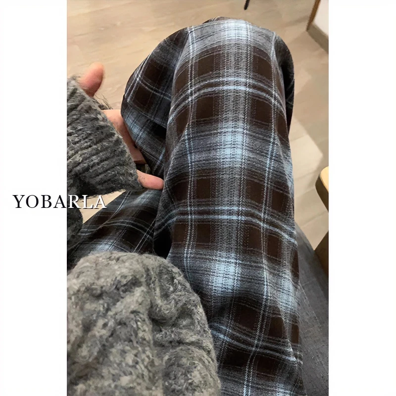 格子纹休闲裤女冬季加绒高腰大码直筒梨形身材宽松阔腿裤