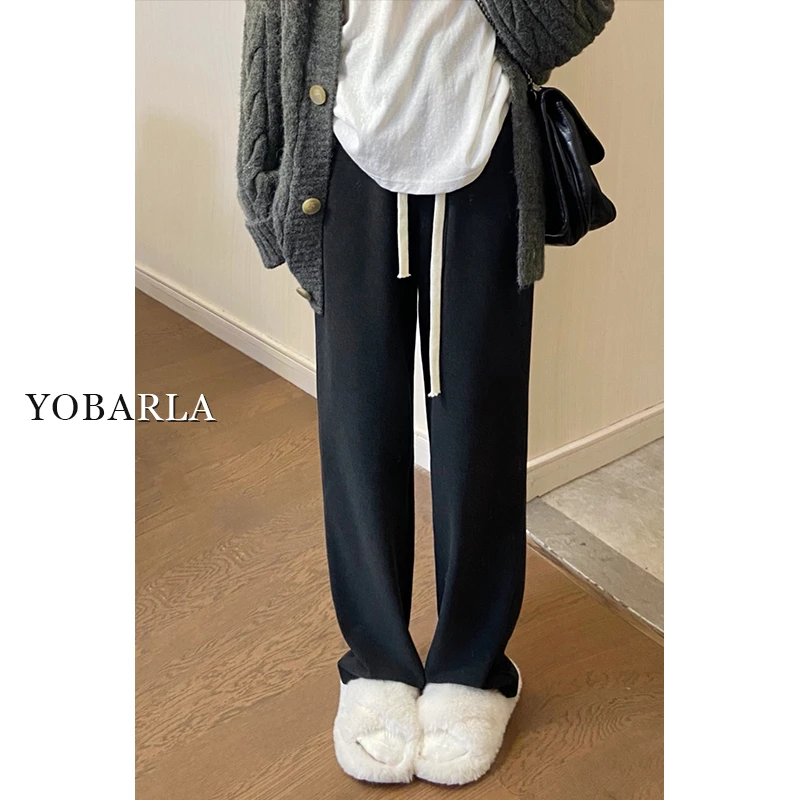 深灰色糯米休闲裤女高腰直筒冬季加绒大码宽松梨形身材阔腿裤