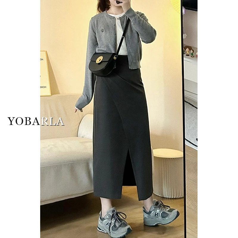 深灰色西装开叉休闲半身裙女秋冬高腰大码显瘦中长款a字裙子