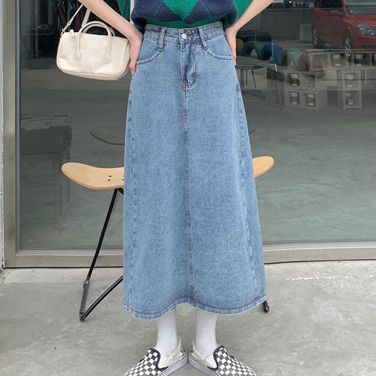 复古蓝大码开叉牛仔半身裙女春季新款高腰中长款百搭包臀A字裙子