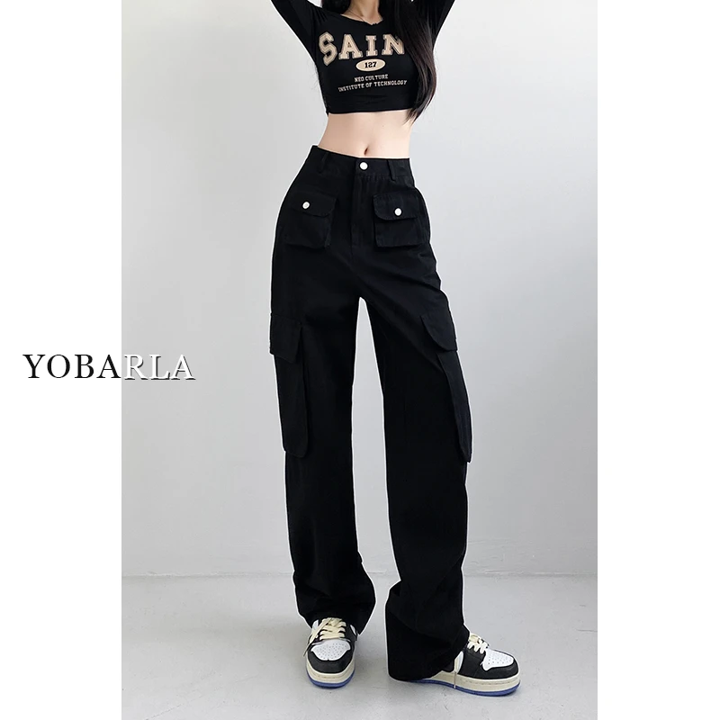 美式黑色工装裤女新款大码胖mm宽松显瘦高腰直筒休闲阔腿裤子