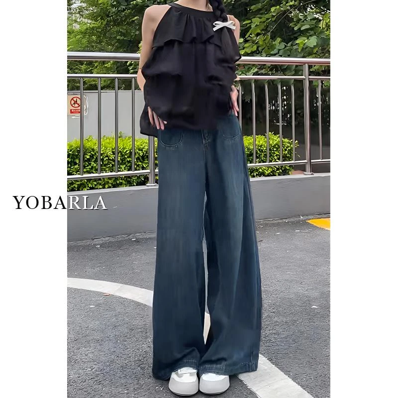 蓝色直筒牛仔裤女冬季加绒高腰大码宽松拖地梨形身材阔腿裤