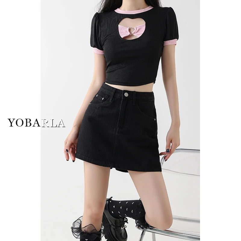 黑色牛仔短裙裤女高腰秋冬新款遮肚子显瘦梨形身材a字半身裙