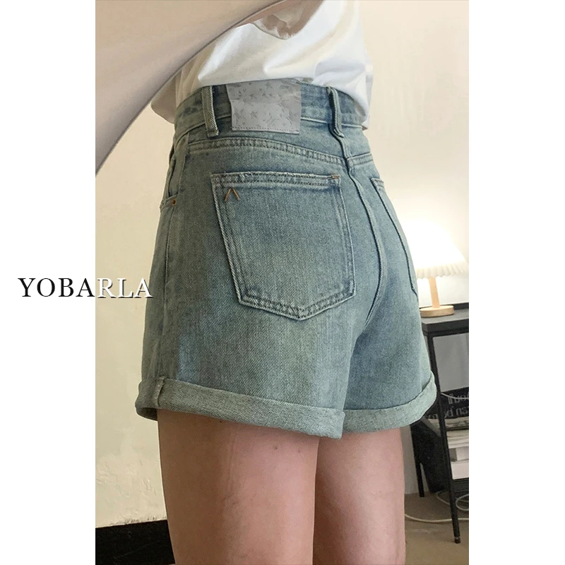 YOBARLA浅色牛仔短裤女高腰夏季薄款新款遮胯显瘦梨形身材a字裤