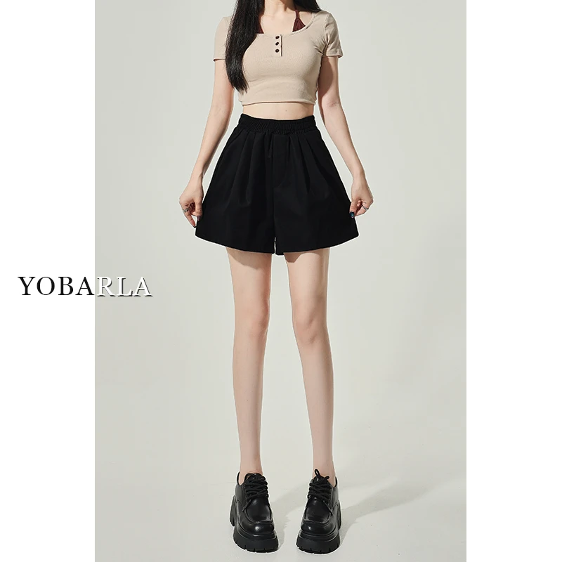 YOBARLA黑色休闲短裤女秋冬新款高腰宽松显瘦梨形身材a字阔腿裤