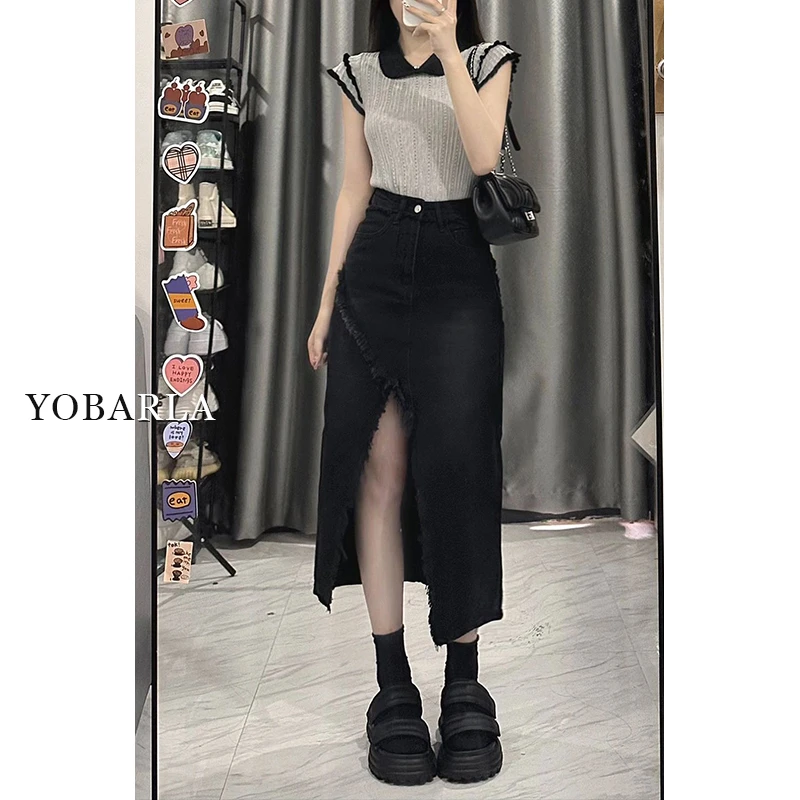黑色不规则开叉牛仔半身裙女夏季大码高腰显瘦中长款a字裙子