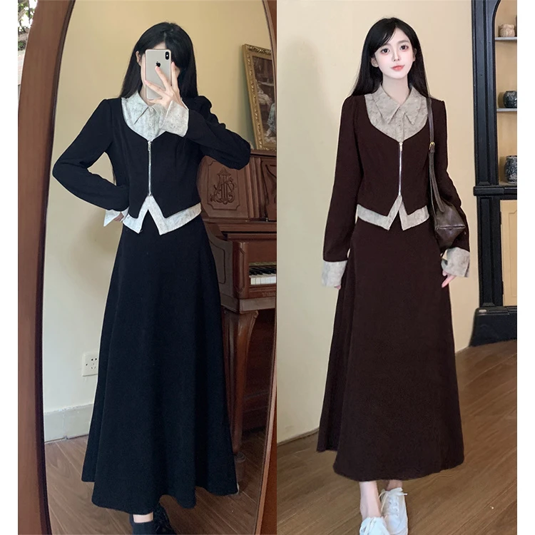 【AWEI】大码女装2025秋冬新款显瘦减龄设计假两件上衣+裙子两件套