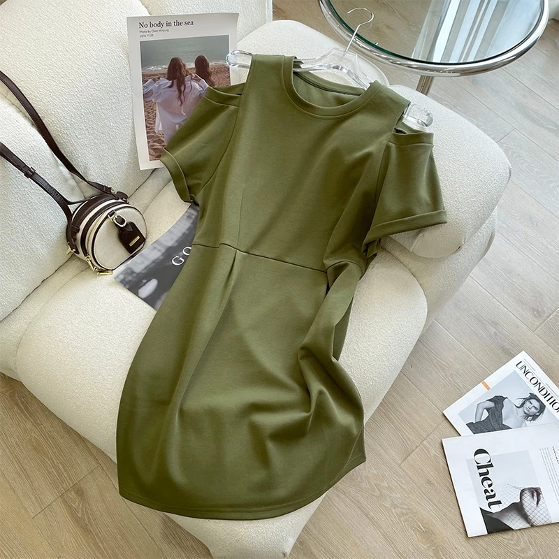 时尚洋气露肩气质连衣裙女夏季宽松休闲简约短袖T恤A字裙2024新款